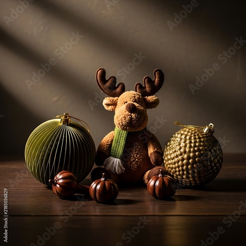 Stuffed Reindeer Toy with Christmas Ornaments and Decorations on Dark Wood Background