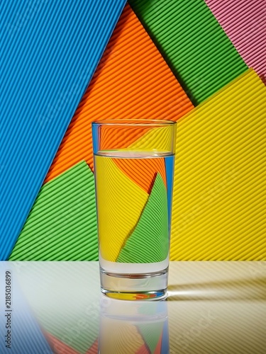 Clear Glass of Water with Refraction and Colorful Geometric Corrugated Paper Background