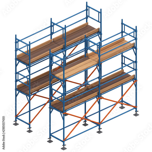 Isometric 3D Modular Scaffolding Towers with Wooden Planks and Metal