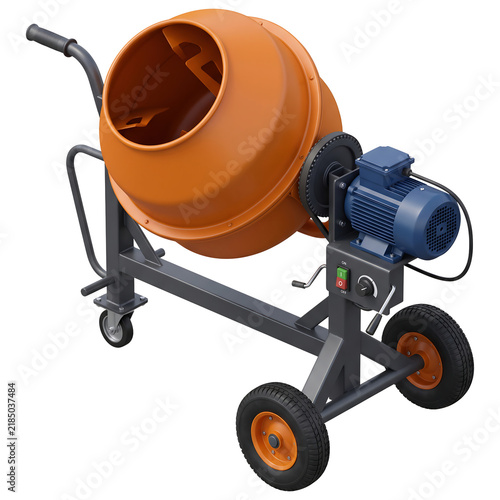 Orange cement mixer with electric motor and wheels isolated on transpa