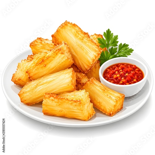 Crispy Fried Cassava on White Plate – Premium Flat Food Illustration
