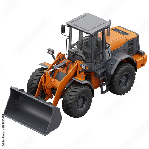Orange wheel loader heavy construction machinery isolated
