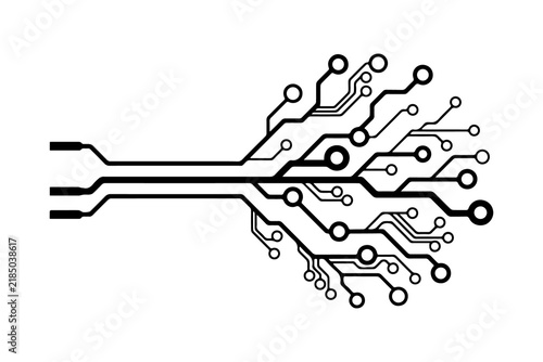 Circuit board vector graphic with branching electronic pathways and connection nodes, transparent background