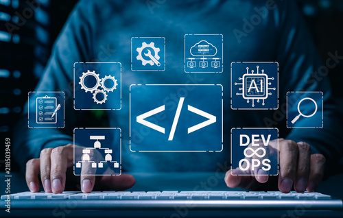 Fototapeta kuchenna DevOps and AI integration in software development process concept. Developer working on computer with digital coding icons, automation, programming, cloud computing and machine learning technology.