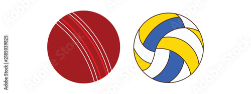 Red cricket ball and multicolored volleyball sport