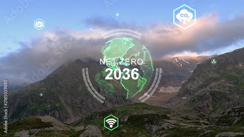 Starting with faint hex icons, green eco icons drifting inward above mountain showing eco data. Ridge, forest, canopy, valley, panorama, sky, verdant