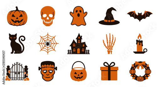 Collection of festive Halloween icons and spooky elements on white background