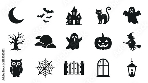 Collection of Halloween icons including a cat, pumpkin, ghost, bats, and witch.