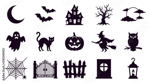 A collection of dark Halloween symbols and spooky night elements.