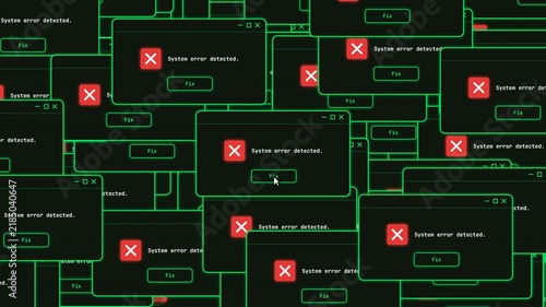 Glitchy system error alert windows popup, digital computer failure, hacking alert