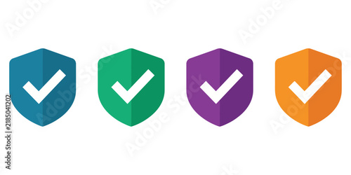 Set of four colorful checkmark shield icons with white tick marks isolated on white background, Vector, illustration