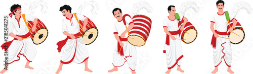 Durga Puja illustration featuring a collection of Bengali dhaki musicians playing decorated traditional dhak drums in different poses, dressed in white dhoti with red accents, celebrating 