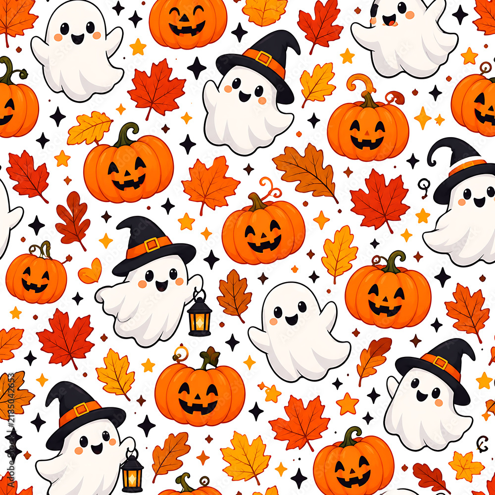 Fototapeta premium cute halloween ghosts and pumpkins pattern, halloween pattern, cute halloween, ghost pattern, pumpkin pattern, spooky pattern, kawaii halloween, halloween ghosts, cute ghosts, halloween pumpkins, jack