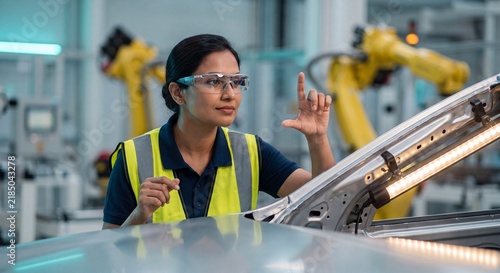 Modern Indian Female Engineer Using AR Smart Glasses for Automotive Quality Assurance in Smart Factory