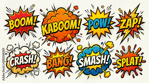 Bild auf Leinwand Vibrant comic book style sound effects collection featuring classic onomatopoeia like Boom, Pow, Zap, Crash, Bang, and Smash