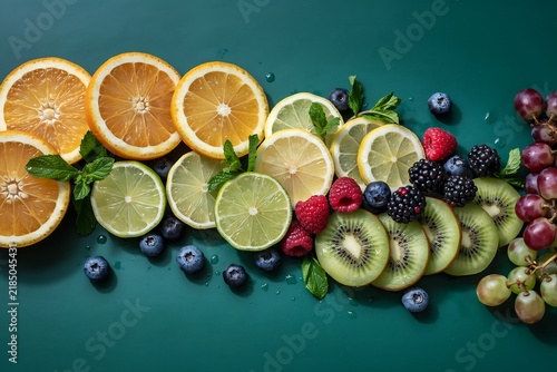 Fresh sliced citrus and mixed berries arranged on teal green background with colorful assorted blueberry blackberry raspberry nutrition vitamins refreshing ingredient background composition