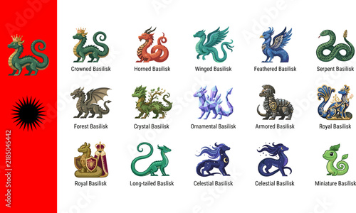 Quadro su tela Collection of fifteen fantasy basilisk dragon icons featuring crowned horned win
