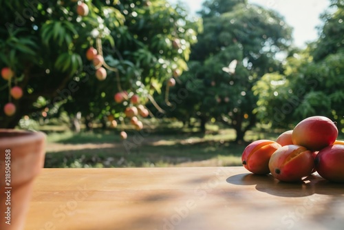 Fresh mangoes on wooden surface with blurred orchard background tropical agriculture background plantation vitamins agricultural atmosphere environment production