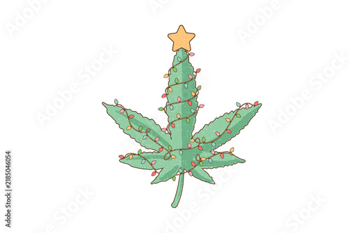 Stylized Cannabis Leaf Decorated with Christmas Fairy Lights for Sublimation Design