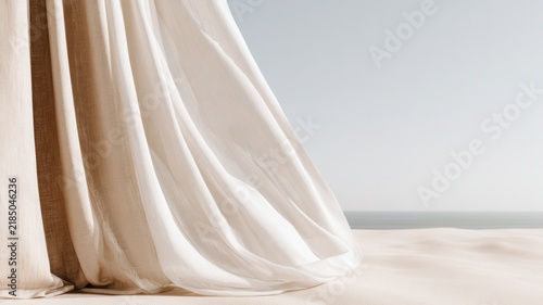 Beige linen curtain flowing in gentle wind casting soft shadows on wall a minimalist interior