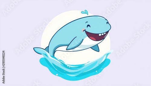 Cartoon Illustration of a Happy Blue Whale Leaping Out of Ocean Waves with a Playful Expression and Splashes of Water Representing Joy and Freedom