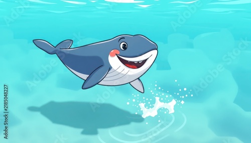Happy Cartoon Whale Swimming Underwater with Bubbles and Playful Expression, Bright Blue Ocean Background, Cheerful Marine Life Illustration