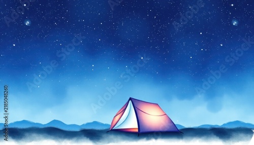 Serene Night Camping Scene Featuring a Colorful Tent Under a Starry Sky with Mountains in the Background and Soft Cloud Cover