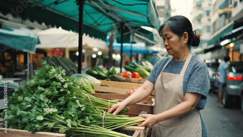 Asian woman vendor arranging cilantro bunches on market table under green canopy at busy street produce stall, preparing fresh vegetables for customers in morning city market atmosphere
