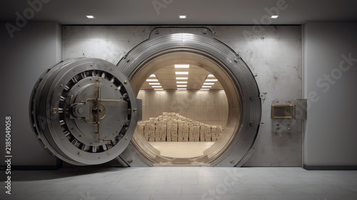 Industrial bank vault interior with giant circular door opened toward room filled with organized stacks of money, concept of financial reserves banking security and wealth storage