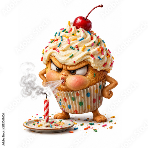 Funny Angry Cupcake Character Blowing Out Birthday Candle