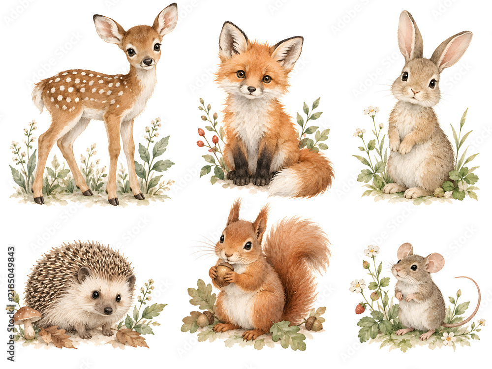Fototapeta premium Watercolor woodland animals set with cute baby deer fox rabbit squirrel hedgehog mouse