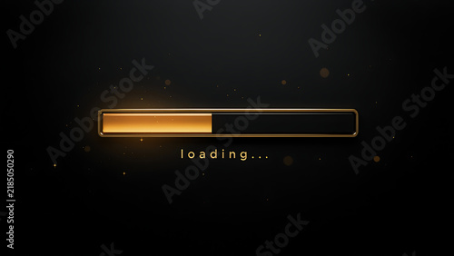 Golden loading bar with loading text above on black background with sparkles, created with generative ai.