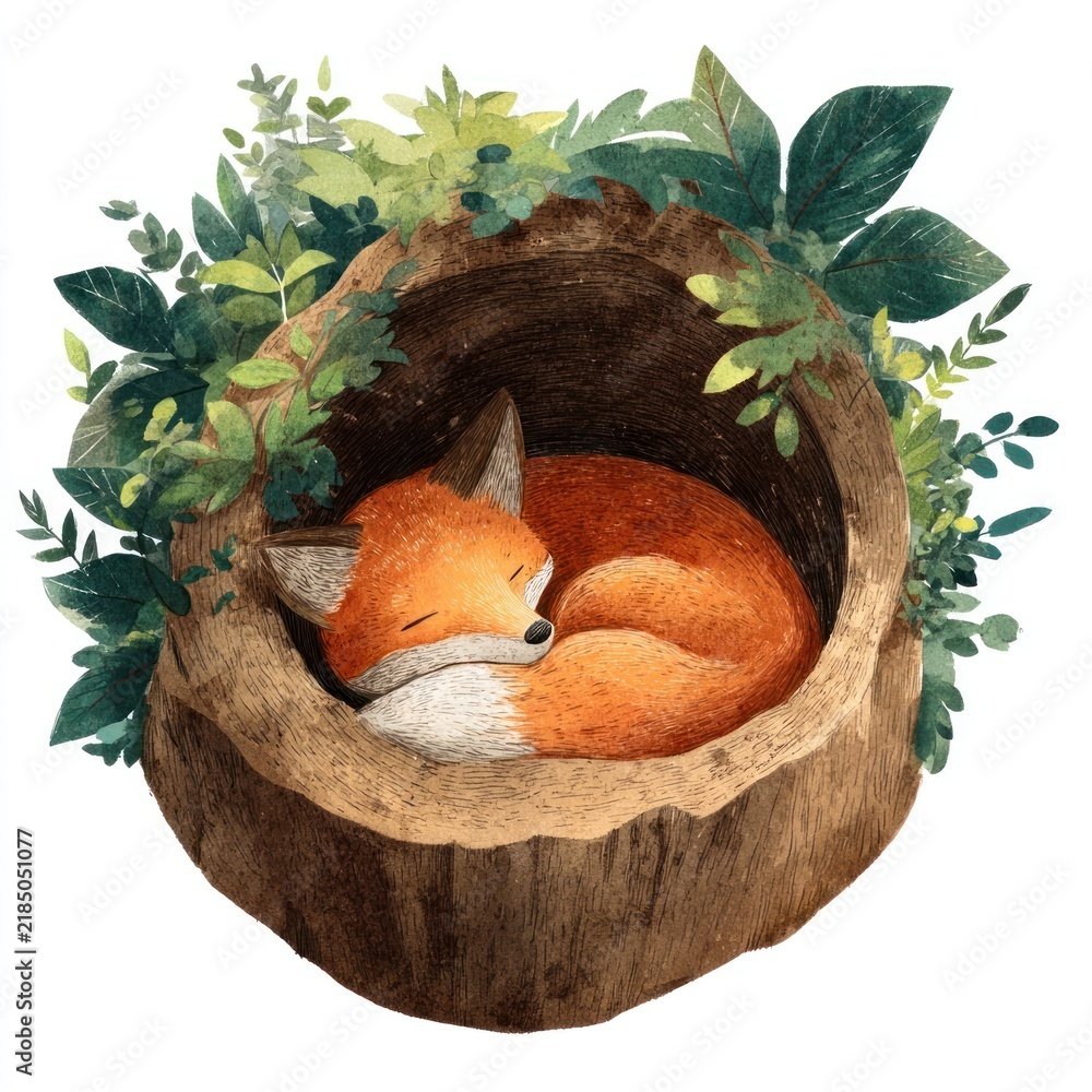Obraz premium Sleeping fox curled in a hollow tree surrounded by leaves