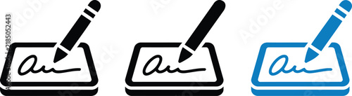 Set of digital signature icons with stylus pen on tablet screen