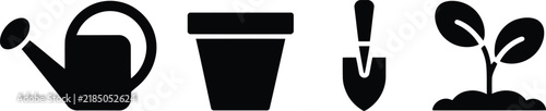 Set of gardening icons including a watering can, a flower pot, a hand trowel, and a small plant sprout