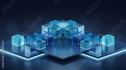 Abstract digital background featuring glowing blue translucent cubes arranged in a futuristic geometric pattern on dark surface