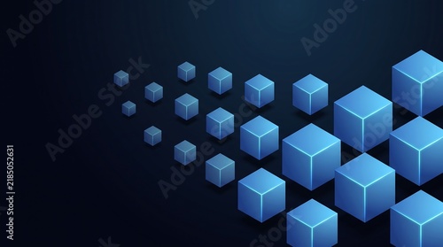 Abstract background featuring a stream of glowing blue digital cubes floating in a dark virtual space