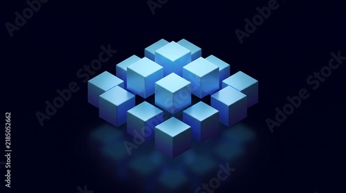 Abstract digital background featuring a glowing isometric structure made of blue cubes floating against a dark black backdrop