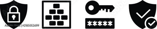 Set of security and protection icons including shield, firewall, password, and verified status