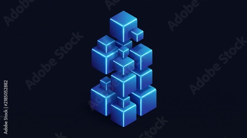 Abstract stack of glowing blue isometric cubes forming a futuristic digital structure on a dark background