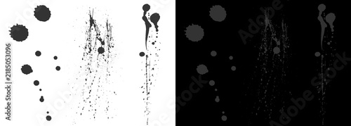 Quadro su tela Black and white ink splatters, abstract paint drips and drops, grunge liquid spl