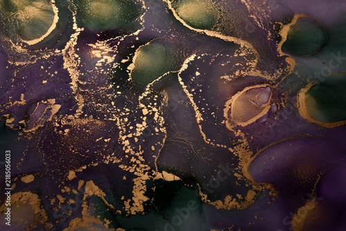 Abstract background of purple-green and gold stains. General plan photo.