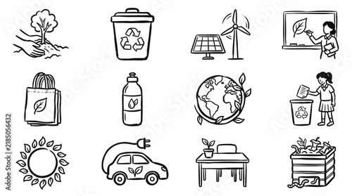 Ecology Icons: Nature, Recycling, Renewable Energy, Sustainable Living