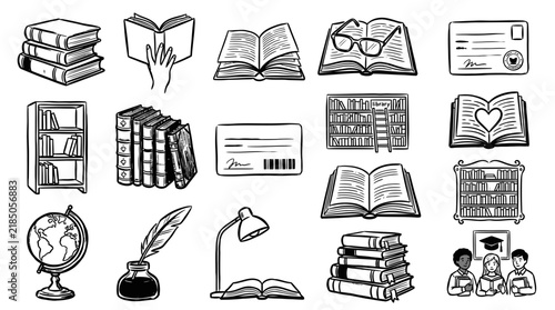 Collection of hand-drawn book icons, isolated on transparent background