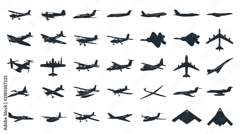 Fototapeta premium Commercial aircraft vector collection with passenger jets cargo planes turboprops private jets seaplanes and aviation vehicles
