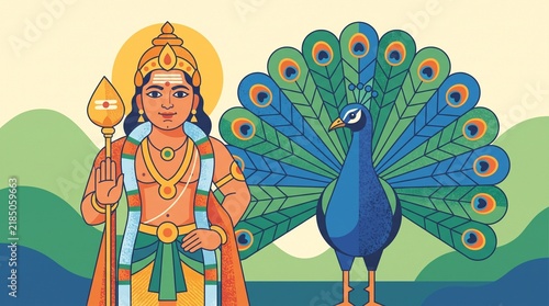 Lord Murugan with Vel spear and peacock in detail	