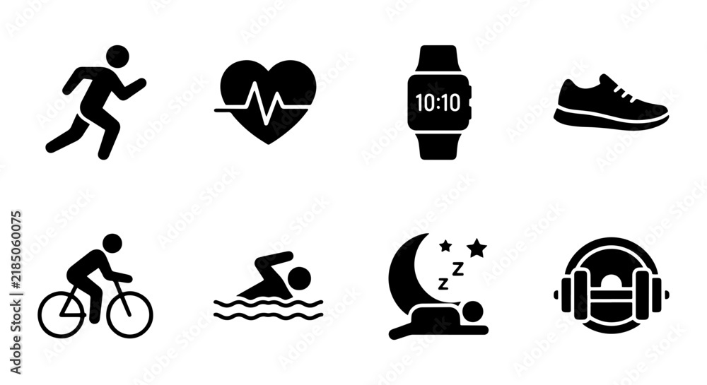 Obraz premium Fitness Icons Set: Running, Cycling, Swimming, Heart Rate, Sleep, Smartwatch, Headphones