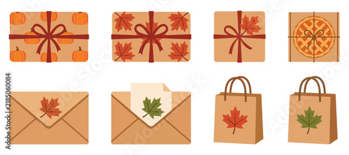 Thanksgiving Gift Packaging Icons with Presents Envelopes and Shopping Bags