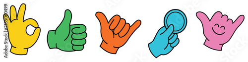 Colorful Cartoon Hand Gestures Set Thumbs Up OK and Shaka Signs
