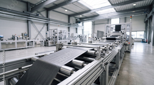 Modern industrial conveyor belt production line in a clean automated manufacturing facility